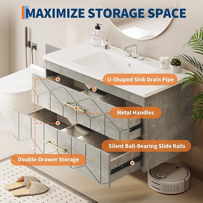 Garvee 36" Bathroom Vanity with Sink, Floating Bathroom Vanity with Ceramic Basin, 2 Large Storage Drawers with Gold Metal Handle, Modern Wall Mounted Bathroom Cabinet with Sink, Grey