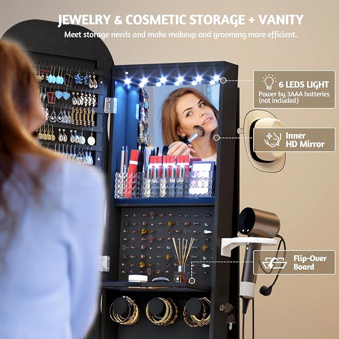Vlsrka 360° Swivel Jewelry Armoire with Full Length Wave Mirror, Black | Lockable Mirror Jewelry Cabinet Standing, Interior LED Makeup Mirror, Foldable Shelf, Large Capacity, Gift for Women, Girls