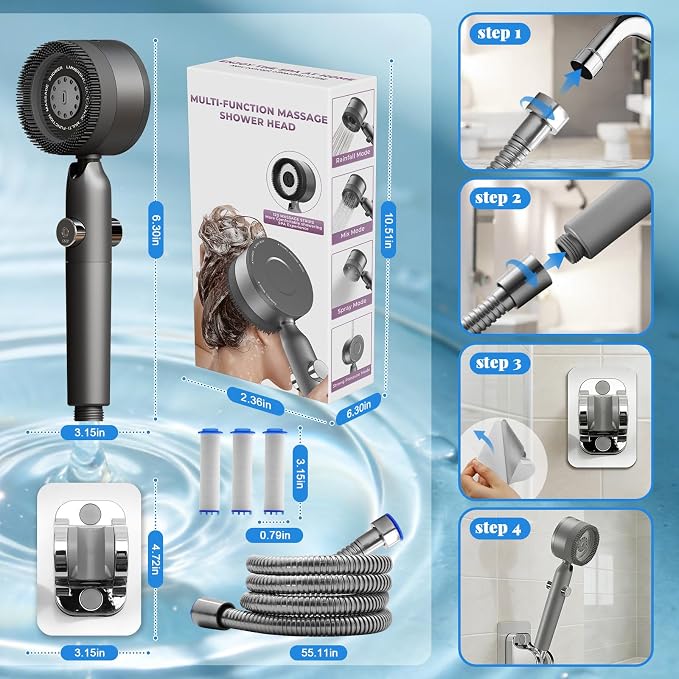 Filtered Shower Head with Handheld, High Pressure Water Flow and Multiple Spray Modes Shower Head with Filter, Power Wash for Hard Water,Showerhead with Wall Holder & ON/Off Switch for Pets Bath
