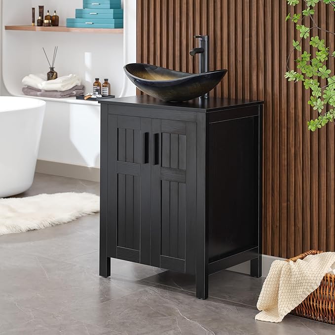 UEV Black 24" Bathroom Vanity with Sink Combo,Modern Freestanding Sink Cabinet,Stylish Bathroom Vanity Cabinet,Grooved Double Doors,Metal Handles,Champagne Boat Tempered Glass Vessel Sink(029CH)