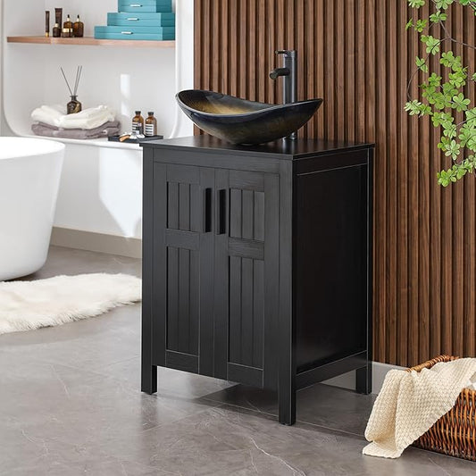 UEV Black 24" Bathroom Vanity with Sink Combo,Modern Freestanding Sink Cabinet,Stylish Bathroom Vanity Cabinet,Grooved Double Doors,Metal Handles,Champagne Boat Tempered Glass Vessel Sink(029CH)