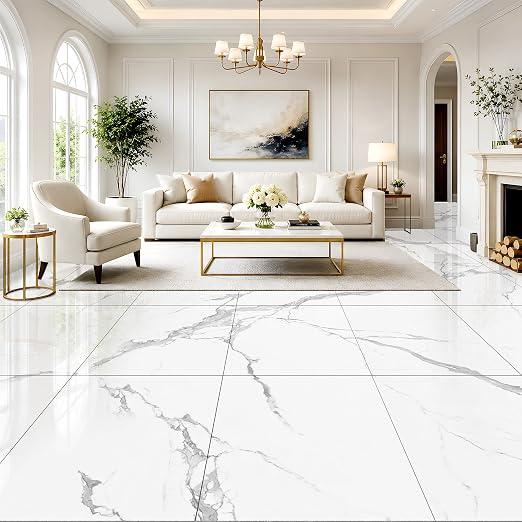 DEXDE Peel and Stick Floor Tile 18x18 Marble Vinyl Flooring Waterproof 30PC | Floor Tiles Peel and Stick Waterproof, Self Adhesive Floor Tiles, Sticky Floor Tiles Bathroom Floor Tiles 1.5FTx1.5FT White