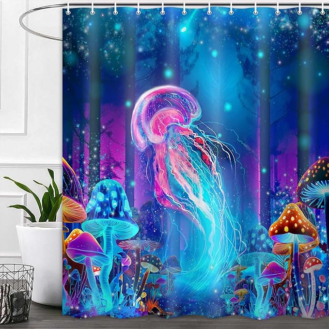 Cool Nautical Jellyfish Shower Curtain, Fantasy Mushroom Forest Bathroom Decor, Cute Colorful Shower Curtains Polyester Fabric 72"×72"