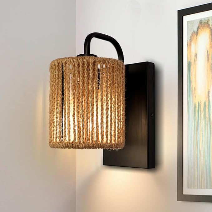 Boho Wall Sconce Rattan Wall Light Fixtures Hemp Rope Sconces | 10 inch Rattan Sconces for Bedroom Living Room Bathroom Hallway Rustic Bohemian Modern Woven Sconce E26