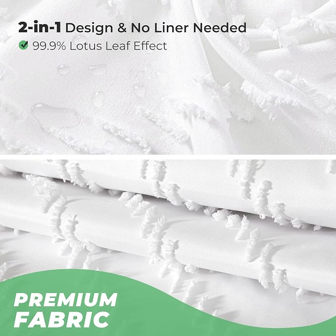 White Boho Fabric Shower Curtain 60 x 72 Modern Shabby Chic Textured Tufted Chevron Striped Minimalist Cloth Bathroom Shower Curtain