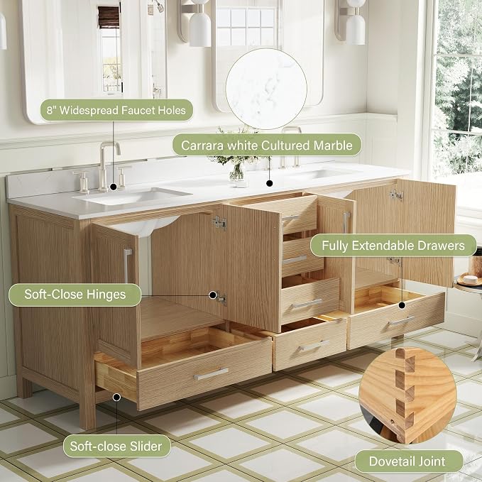 80-Inch Bathroom Vanity with Sink, 4 Soft-Close Doors and 6 Soft-Close Drawers, Bathroom Freestanding Vanity with Cultured Marble Countertop, Oak Vanity with Brushed Nickel Handles
