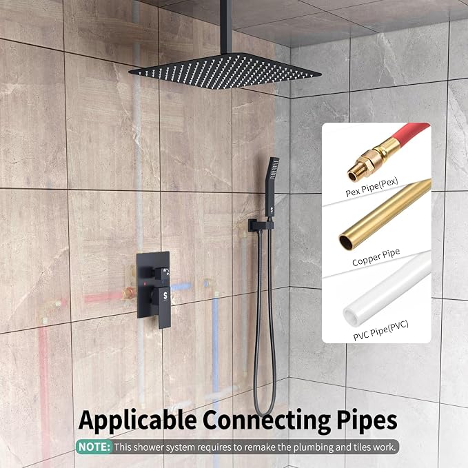 SR SUN RISE 16 Inches Matte Black Shower Set System Bathroom Luxury Rain Mixer Shower Combo Set Ceiling Mounted Rainfall Shower Head Faucet (Contain Shower Faucet Rough-In Valve Body and Trim)