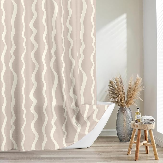 Tititex Cute Curvy Wavy Lines 140gsm Faux Linen Fabric Shower Curtain, Elegant Beige Cream Wave Striped Shower Curtain Sets Decoration 72x72 Inch with Hooks