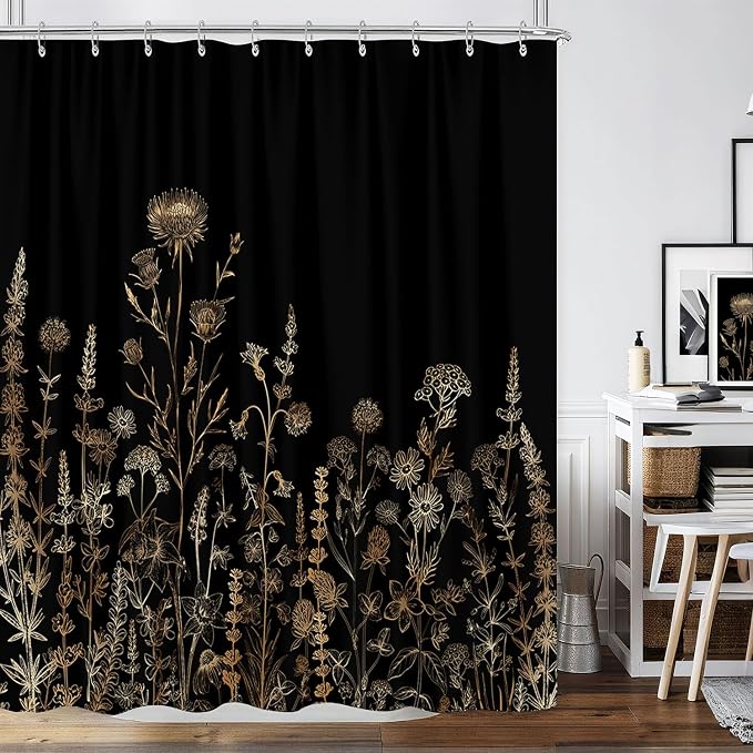Vintage Black and Gold Boho Shower Curtain, Black and Tan Cream Floral Aesthetic Dark Wildflower Botanical Flowers Shower Curtain for Bathroom with Hook,Farmhouse Plant Art Chic Shower Curtain 60X72