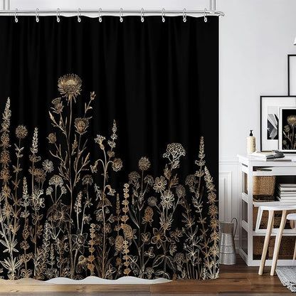 Vintage Black and Gold Boho Shower Curtain, Black and Tan Cream Floral Aesthetic Dark Wildflower Botanical Flowers Shower Curtain for Bathroom with Hook,Farmhouse Plant Art Chic Shower Curtain 60X72