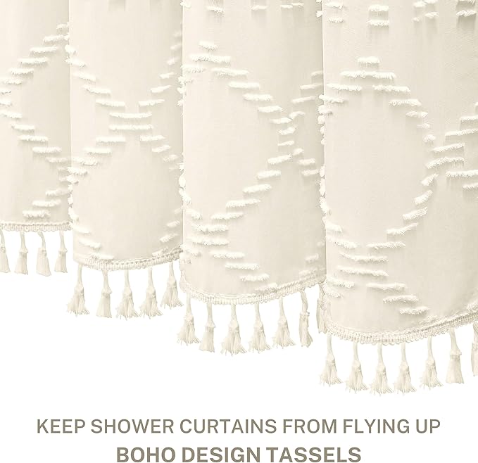 Cream Boho Woven Fabric Shower Curtain, 72 x 72 Tufted Chevron Textured Striped Modern Farmhouse Minimalist Cloth Curtain for Bathroom