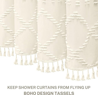 Cream Boho Woven Fabric Shower Curtain, 72 x 72 Tufted Chevron Textured Striped Modern Farmhouse Minimalist Cloth Curtain for Bathroom