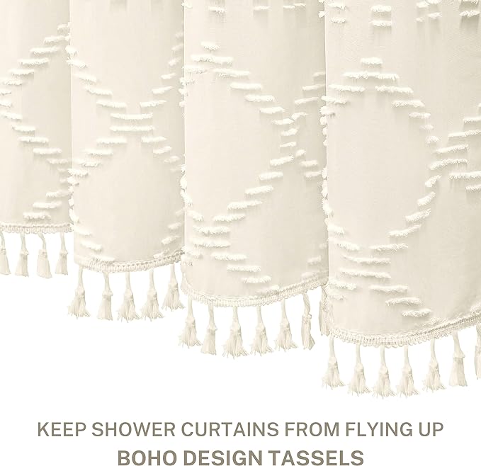 Siiluminisoy Cream Boho Woven Fabric Shower Curtain, 72 x 72 Tufted Chevron Textured Striped Modern Farmhouse Minimalist Cloth Curtain for Bathroom