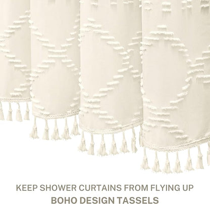 Siiluminisoy Extra Long Cream Boho Shower Curtain Woven Fabric Cute 90 Inch Shower Curtain, 72 x 90 Tufted Chevron Textured Striped Modern Farmhouse Minimalist Cloth Shower Curtain for Bathroom