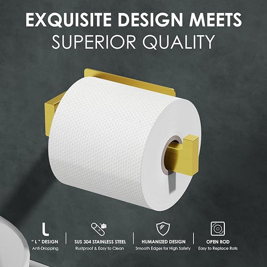 Auxmir No Drilling Self Adhesive Toilet Paper Holder, Premium Rustproof SUS304 Stainless Steel Roll Holder Wall Mount Tissue Holder for Bathroom Kitchen Washroom, Toilet Paper Holder-Gold