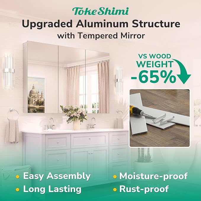 30 x 26 Silver Aluminum Medicine Cabinet Mirror for Bathroom Surface Mount or Recessed with Stepless Adjustable Shelves Modern Farmhouse