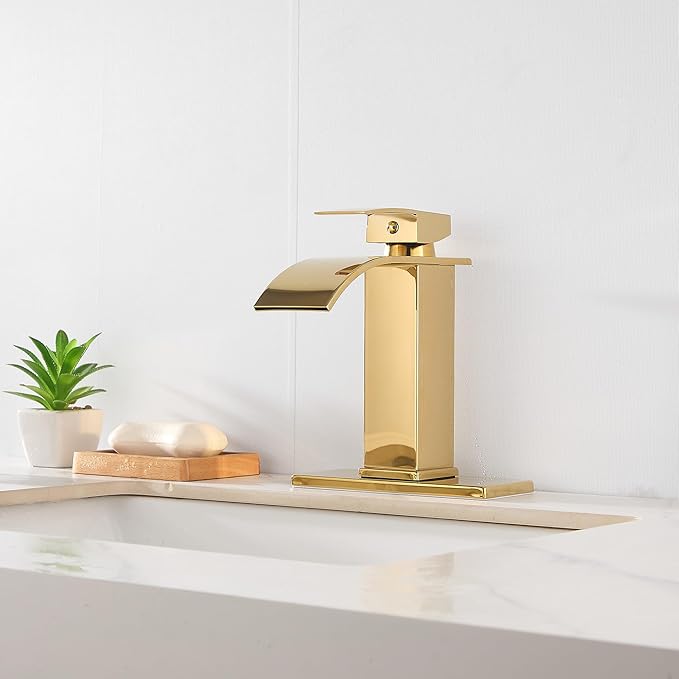 sagetta Waterfall Bathroom Sink Faucet Single Hole Faucet with Three Hole Cover Deck Plate, Pop up Drain and Water Hoses Stainless Steel Vanity Gold Color