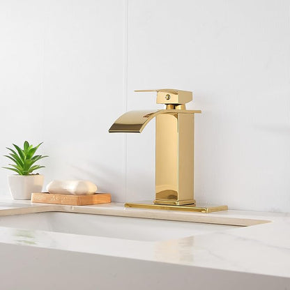 sagetta Waterfall Bathroom Sink Faucet Single Hole Faucet with Three Hole Cover Deck Plate, Pop up Drain and Water Hoses Stainless Steel Vanity Gold Color