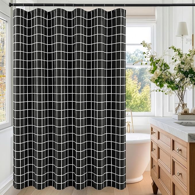 Black Farmhouse Shower Curtain-Fabric Extra Long Shower Curtains Bathroom | 72"Wx84"L Faux Linen Grid Minimalist Simple Rustic Neutral Shower Curtain Decor-Cloth Geometric Plaid Washable Hotel Quality