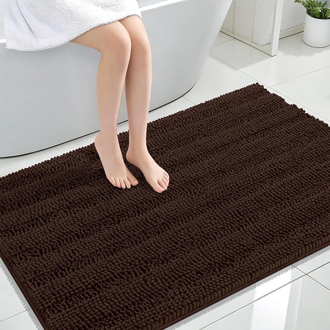 OLANLY Thick Large Bathroom Rugs 47x32, Soft Chenille Bath Rugs, Brown | Absorbent Striped, Rubber Backing, Machine Wash Dry, Bath Mats for Bathroom Floor, Tub and Shower, Home Decor Accessories