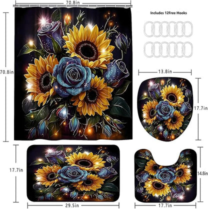 AZHM Sunflower and Rose Shower Curtain Starlight Glitter Flower Bathroom Decor Set with Shower Curtain and Rugs and Accessories with 12 Hooks
