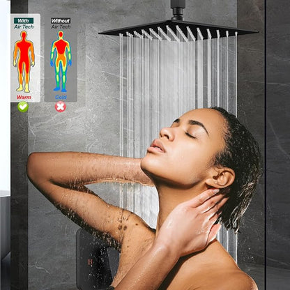 Heyalan 12-Inch Ceiling Mount Shower Faucet Set with Valve, Matte Black | Rainfall shower head, ceiling-mount design, SUS304 steel, adjustable angle, single-handle control
