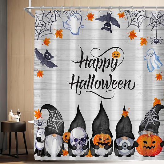 Halloween Cute Funny Gnomes Spooky Pumpkin Shower Curtain for Bathroom 72W*72H Inch Farmhouse Rustic Horror Bathtub Skull Ghost Maples Bat Decor Waterproof Polyester Fabric Set with 12 Hooks