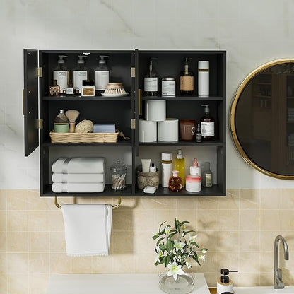 Bathroom Wall Cabinet Wood Large Wall Mounted Medicine Cabinet with 2 Doors and 4 Open Shelves Over Toilet Storage Cabinet Organizer with Towel Bar, Black
