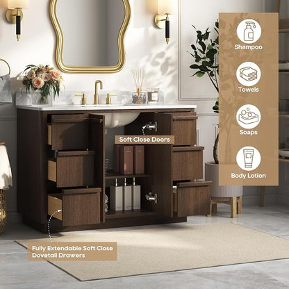 48" Fully Assembled Bathroom Vanity with Sink, Dark Brown | Solid Wood Frame Vanity with Engineered Stone Top & Backsplash, Ceramic Sink, 6 Full-Extension Drawers & 2 Soft-Close Doors
