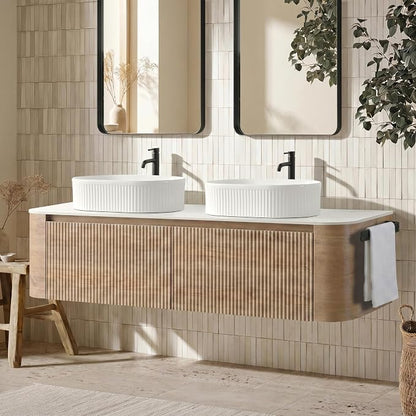 60" Floating Bathroom Vanity with Double White Sink, Honey Oak | Pre-Assembled Fluted Wall Mounted Vanity with Sintered Stone Countertop, Rounded Edges, Soft-Close Drawers & Towel Rack