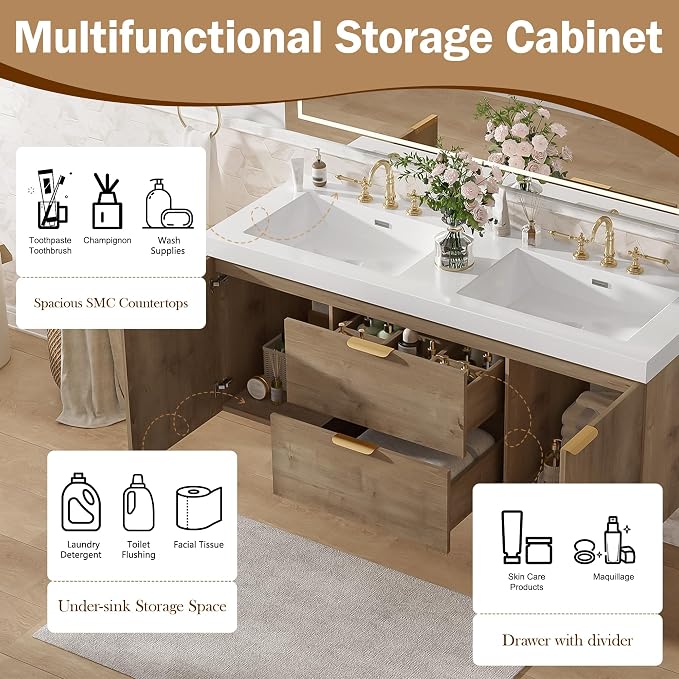 SOFTSEA 60" Double Sink Bathroom Vanity, Floating Bathroom Cabinet with 2 Storage Drawers & Soft Close Doors, Modern Wall Mounted Double Vanity with SMC Sink, Golden Handle, Wood