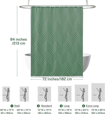 Extra Long Green Boho Shower Curtain, 72 x 84 Tufted Leaves Textured Striped Modern Farmhouse Minimalist Cloth Shower Curtain for Bathroom