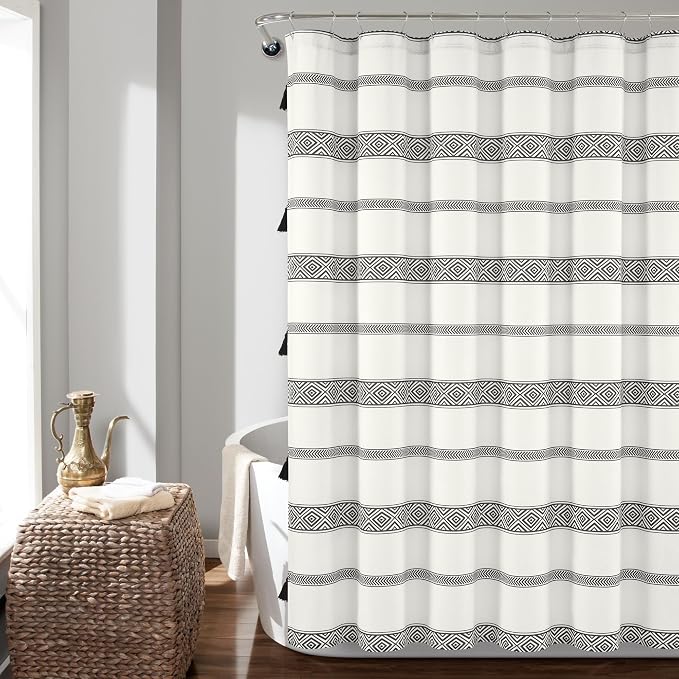 Lush Decor Ava Boho Stripe Tassel Cotton Blend Shower Curtain Single 72" W x 72" L Black & White - Striped Shower Curtains for Bathroom Curtain