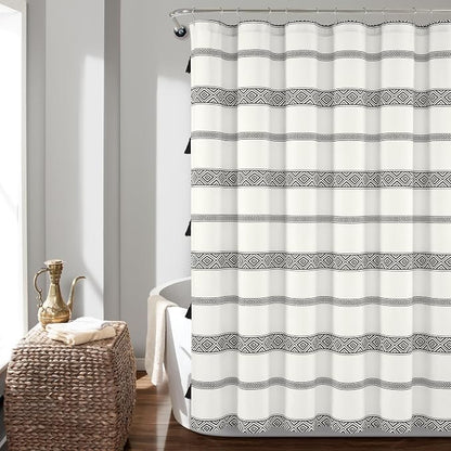 Lush Decor Ava Boho Stripe Tassel Cotton Blend Shower Curtain Single 72" W x 72" L Black & White - Striped Shower Curtains for Bathroom Curtain