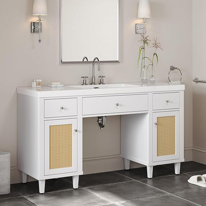 60 Inch White Bathroom Vanity with Single Sink & Integrated Countertop,Large Bathroom Vanity with Rattan Doors,2 Drawers & Storage Cabinets,Gas Spring Tip-Out Tray,Soft Closing System,Solid Wood Legs