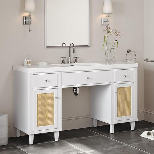60 Inch White Bathroom Vanity with Single Sink & Integrated Countertop,Large Bathroom Vanity with Rattan Doors,2 Drawers & Storage Cabinets,Gas Spring Tip-Out Tray,Soft Closing System,Solid Wood Legs