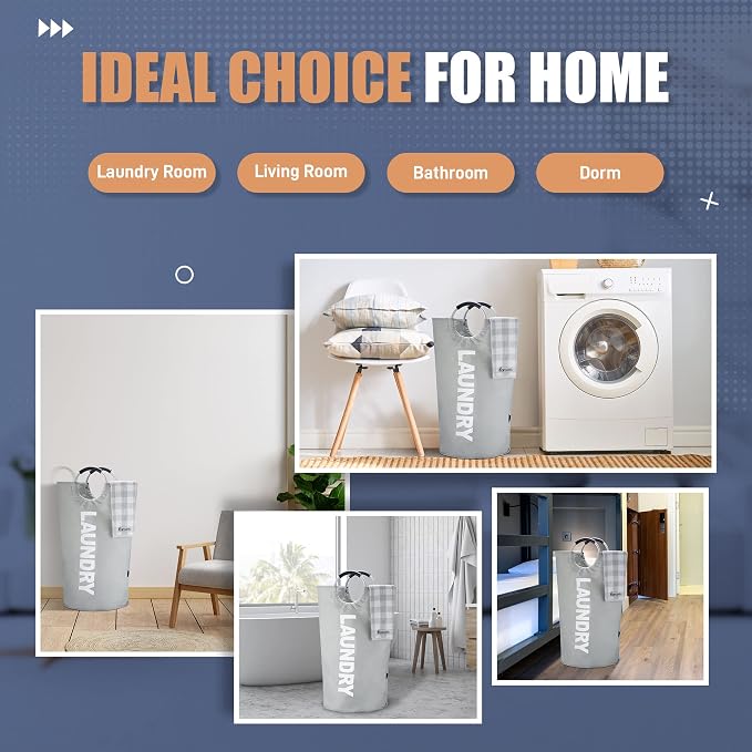 Caroeas 100L Laundry Basket,Large Laundry Hamper, Laundry Bag with Padded Handles, Clothes Hamper Stands Up Well, Collapsible Free Standing Easy Storage Washing Bin (Light Grey,100L)