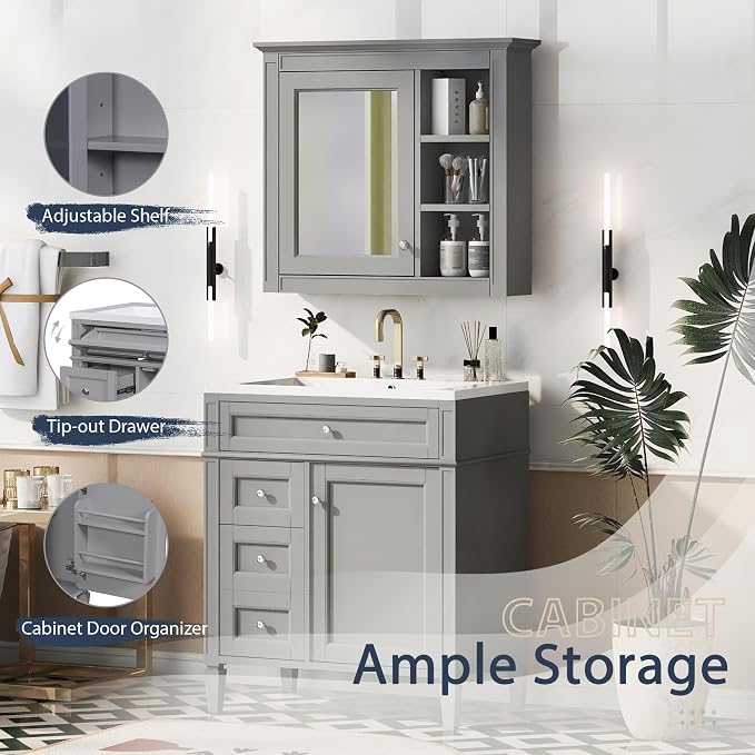Merax 30 Inch Bathroom Vanity with Sink Set, Modern Bathroom Vanity Storage Cabinet with Matching Mirror Medicine Cabinet, Solid Wood Frame，Painted Finish, 2 Drawers and 1 Tip-Out Drawer, Grey