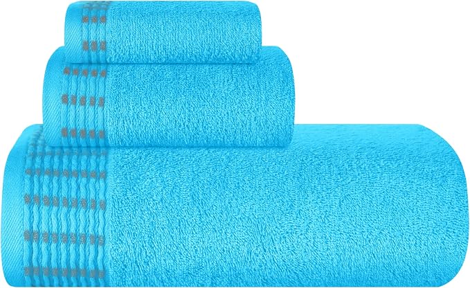 Ultra Soft 3 Pack Cotton Towel Set, Contains a Bath Towels 28x55 inch, a Hand Towels 16x24 inch & a Wash Cloths 12x12 inch, Ideal Everyday use, Compact & Lightweight - Turquoise Blue