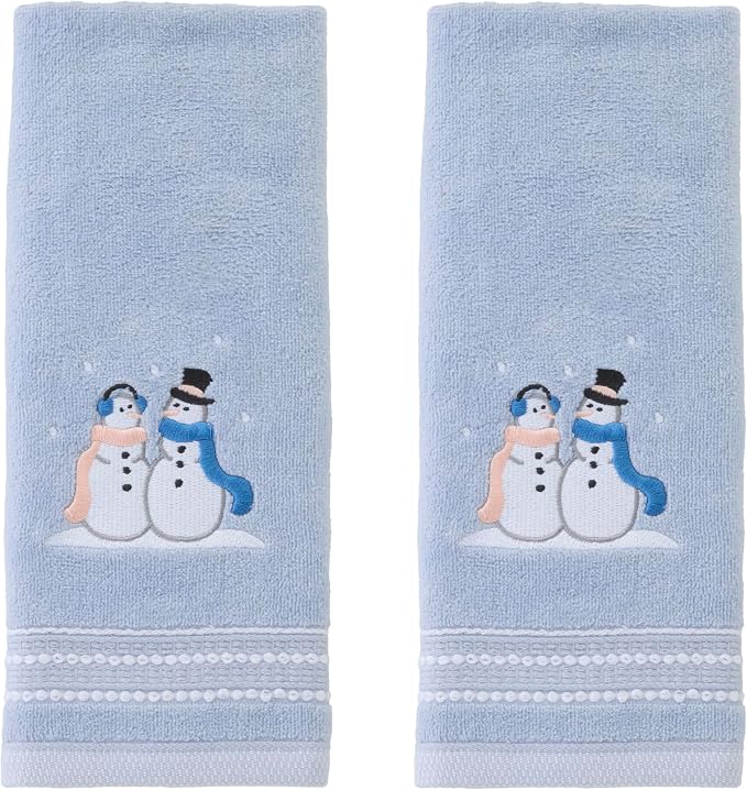 SKL Home Christmas/Winter Glitz Snow Couple Hand Towel Set-2pc, Light Blue | 100% Cotton. Soft, decorative velour with embroidery. For use in the bathroom, kitchen or bar & holiday gifting.