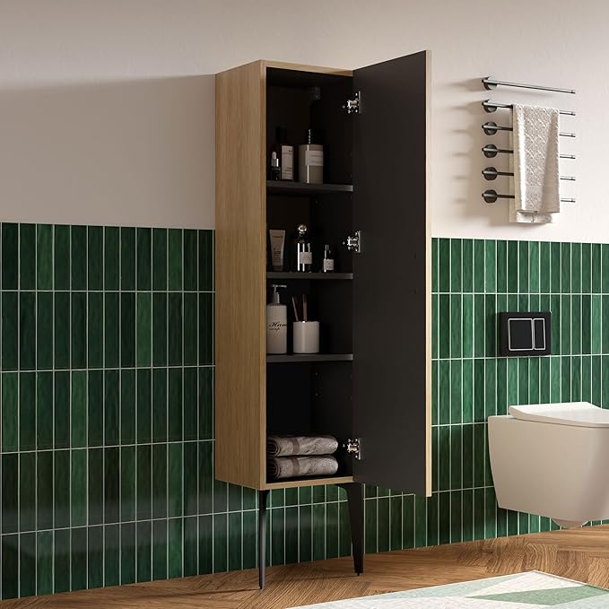 14" Bathroom Side Cabinet, Modern Striped Storage Cabinet with Soft-Closing Door, Adjustable Shelves & Metal Legs, Large Storage for Small Bathroom, Natural Oak, Cypress Collection