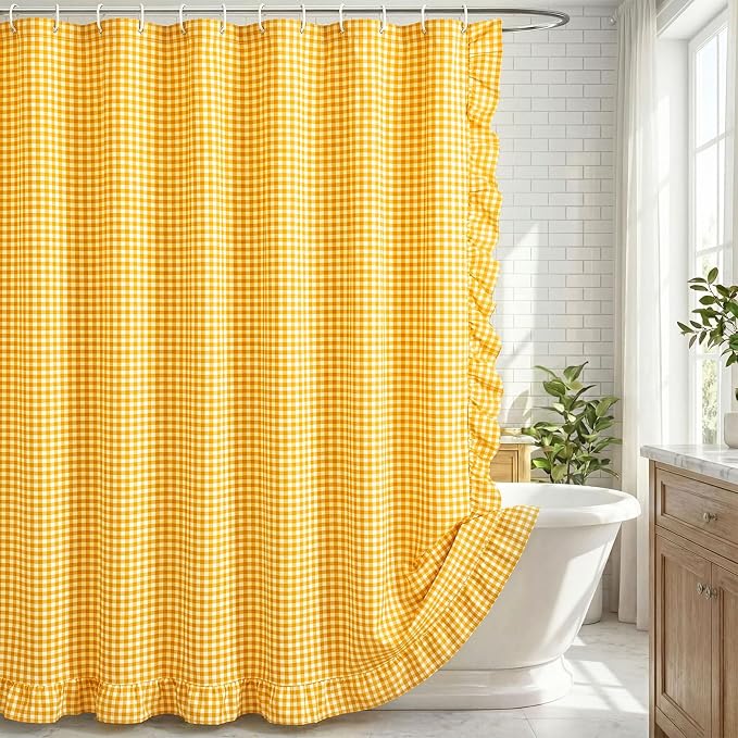 HunnmingRe Ruffled Gingham Shower Curtain Yellow | 72'' x 72'' Vintage Farmhouse Curtain, Cotton Cottage Core Rural Checkered Plaid Decor, Fall Shower Curtain for Bathroom