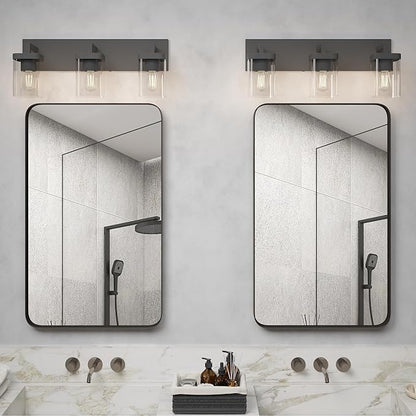 Bathroom Lighting Fixtures Over Mirror, Square Design & Rectangle Large Backplate, 3 Lights Morden Vanity Lighting Fixtures, Bathroom Light Fixtures for Bathroom/Living Room/Bedroom, Black