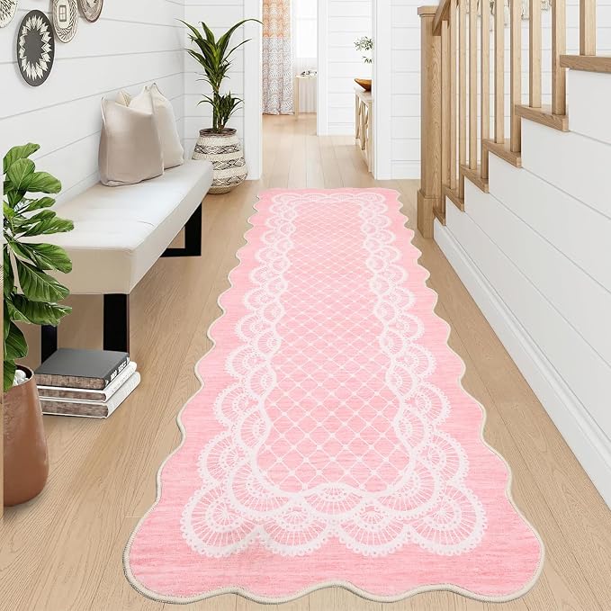 GarveeHome Washable Pink Rugs 2x6 Scalloped Kitchen Runner Rug Hallway, Non-Slip Bordered Bedside Rug, Non-Shedding Scalloped Carpet Runner for Laundry Room, Bedroom, Living Room, Pink