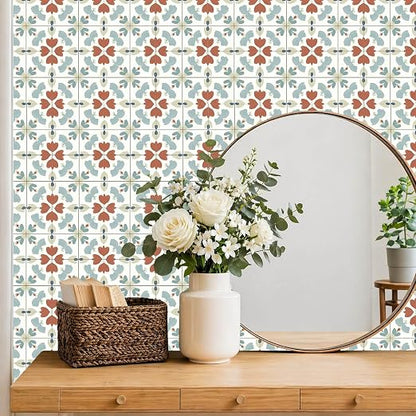 Muted Floral Geometric Peel and Stick Floor Tiles 12x12 Inch 10PCS | Muted teal rust and cream floral geometric pattern vinyl floor stickers for kitchen bathroom entryway and indoor home decor