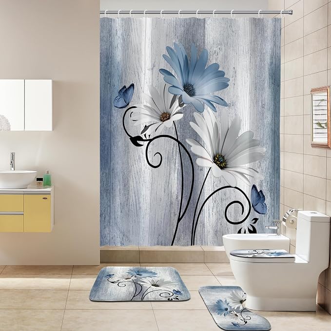 Onalasyc 4PCS Blue Daisy Floral Bathroom Sets with Shower Curtain and Rugs | Country Floral Butterfly Shower Curtain Set,Modern Bathroom Decor Shower Curtains Set with Rugs Toilet Lid Cover and 12 Hooks