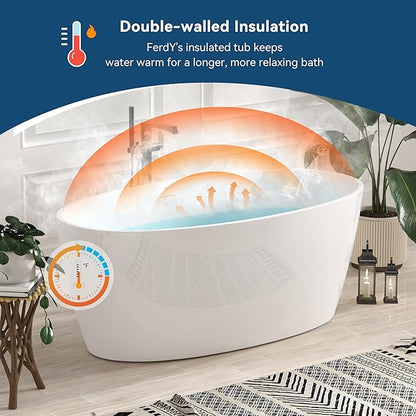 FerdY Tahiti 59" Acrylic Freestanding Bathtub, Elegant Oval Shape Bathtub, Glossy White, Brushed Gold Drain & Integrated Slotted Overflow Assembly Included cUPC Certified