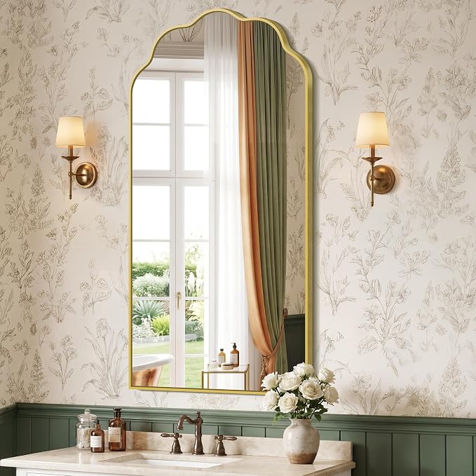 Gold Arched Mirror, 24×48Inch Scalloped Mirror for Bathroom, Wavy Wall Mounted Vanity Mirror with Aluminum Alloy Frame for Livingroom Bedroom and Entryway, Tempered Glass