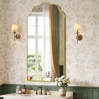 Gold Arched Mirror, 24×48Inch Scalloped Mirror for Bathroom, Wavy Wall Mounted Vanity Mirror with Aluminum Alloy Frame for Livingroom Bedroom and Entryway, Tempered Glass