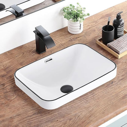 Bathroom Vessel Sink 18.2'' x 13.3'' Small Semi Recessed Bathroom Sink Rectangular Drop In Sink with Overflow White with Black Trim Ceramic Modern Vessel Sinks for Bathroom